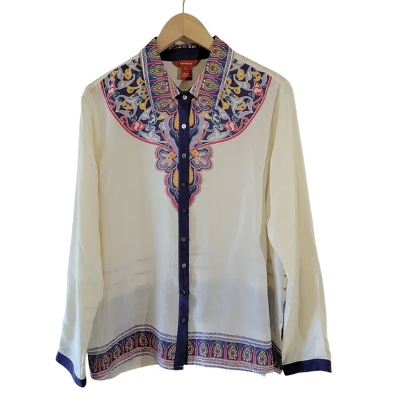 Sundance Ivory 100% Silk Floral Button-Up Blouse Sz L Boho Office Siren Peasant
